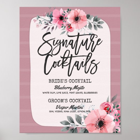 Chic Floral Wedding Signature Cocktail Drink Menu Poster