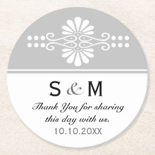 Chic Floral Wedding Thank You Monogram:Grey White Round Paper Coaster
