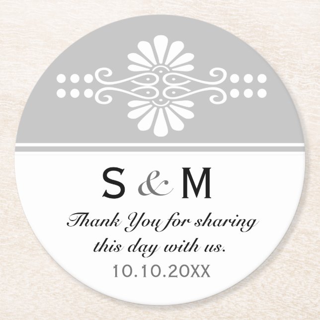 Chic Floral Wedding Thank You Monogram:Grey White Round Paper Coaster (Front)