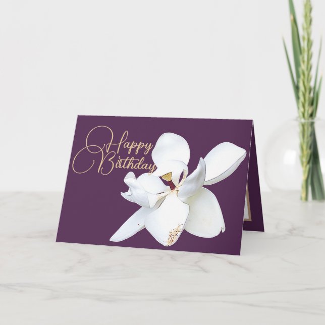 Chic Floral White Magnolia Flower Purple Birthday Card (Front)