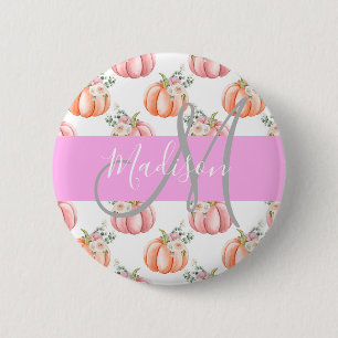 Chic Floral White Pink Peach Pumpkin Monogram Name 2 Inch Round Button