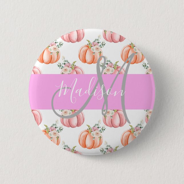 Chic Floral White Pink Peach Pumpkin Monogram Name 2 Inch Round Button (Front)