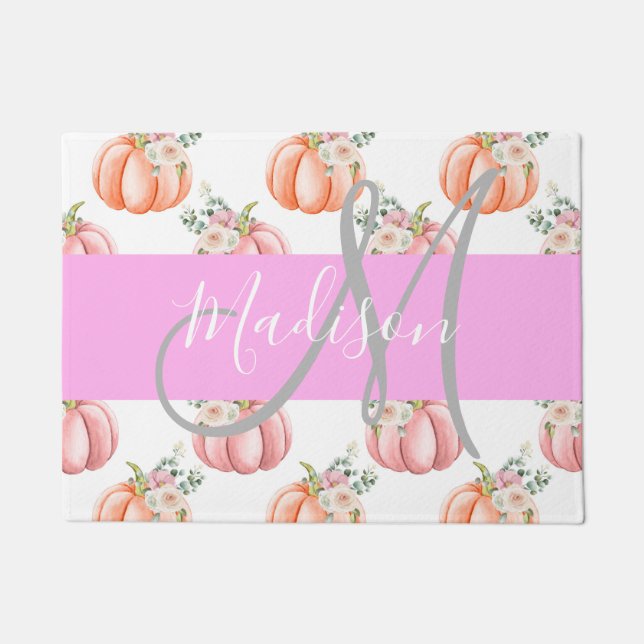 Chic Floral White Pink Peach Pumpkin Monogram Name Doormat (Front)