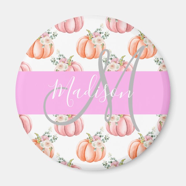 Chic Floral White Pink Peach Pumpkin Monogram Name Magnet (Front)