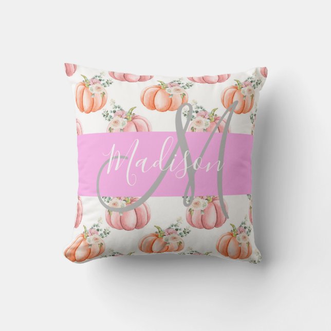 Chic Floral White Pink Peach Pumpkin Monogram Name Throw Pillow (Front)