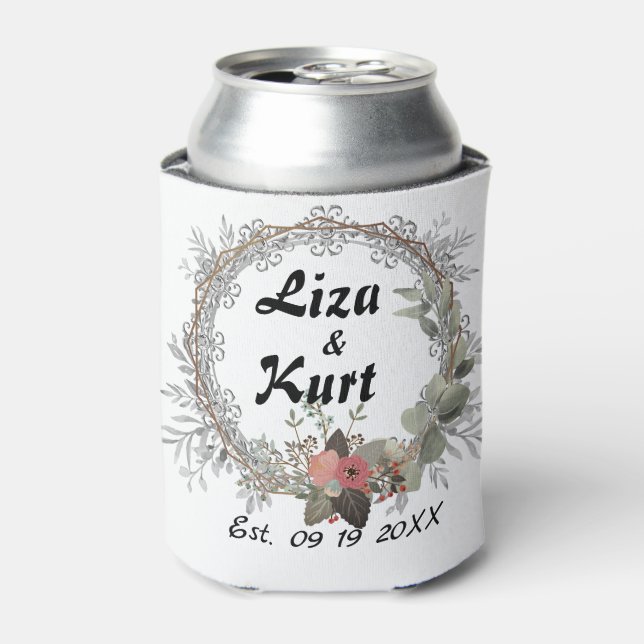 Chic Floral Wreath Personalized Wedding  Can Cooler (Can Front)