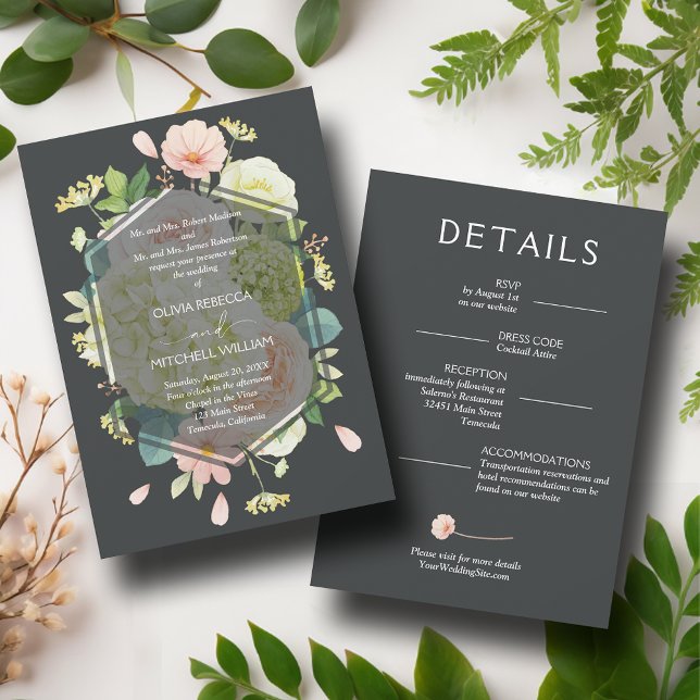 Chic Florals Dark Wedding All in One Invitation (Chic Florals Dark All in One Wedding Invitations with your details on the back)