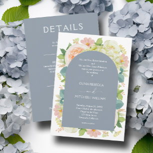 Chic Florals Wedding All in One Dusty Blue Invitation