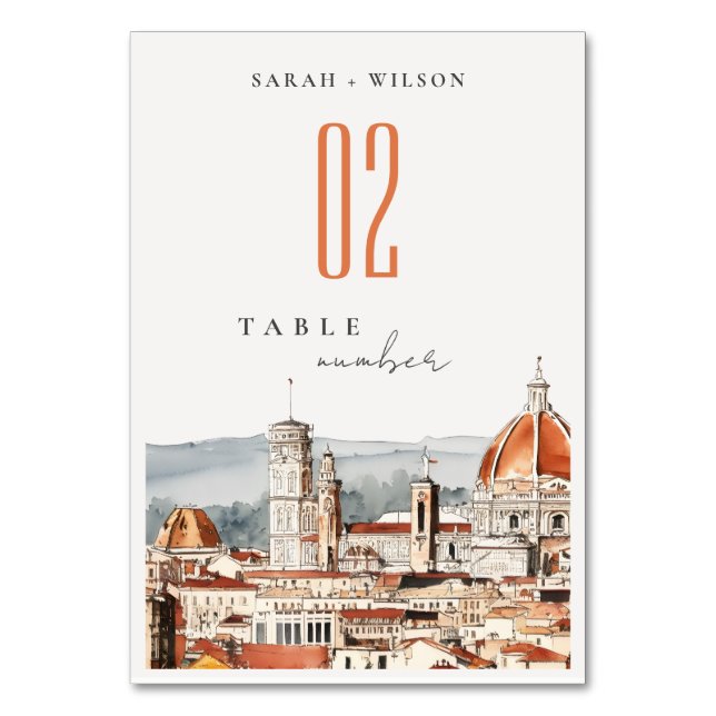 Chic Florence Cathedral Italy Watercolor Wedding Table Number (Front)