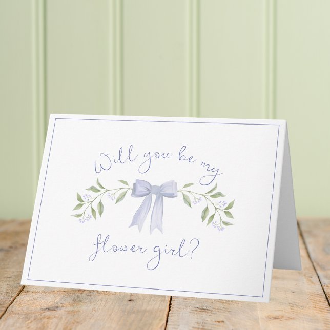 Chic Flower Girl Proposal with Bow Cute Dusty Blue Card (Creator Uploaded)