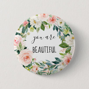 Chic Flower Watercolor You Are Beautiful 2 Inch Round Button