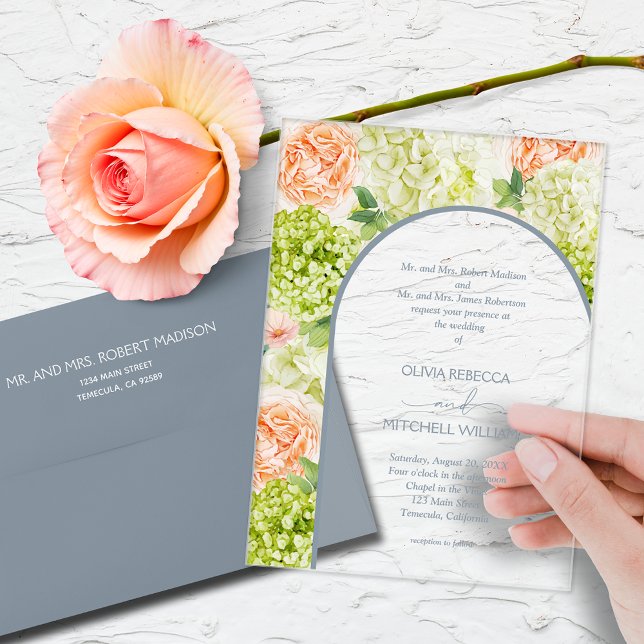 Chic Flowers Blue Arch Wedding Acrylic Invitations (Watercolor flowers with a dusty blue arch on CLEAR or FROSTED acrylic wedding invitations)