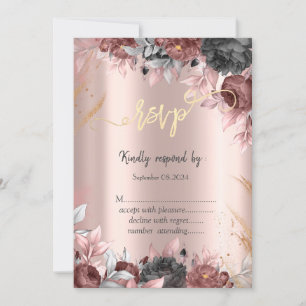 Chic Flowers Dark Roses Rose Gold RSVP Invitation