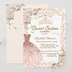 Chic Flowers Frame Dress Butterflies Sweet 16 Invitation