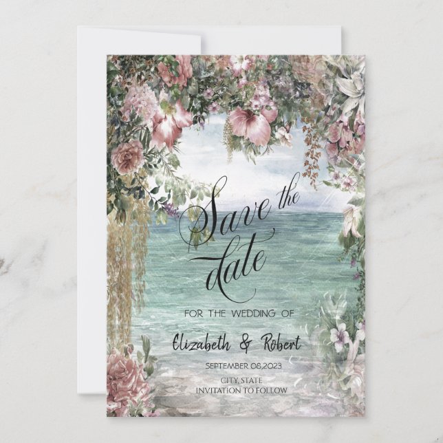 Chic Flowers Ocean  Save The Date (Front)