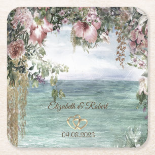 Chic Flowers Ocean  Square Paper Coaster