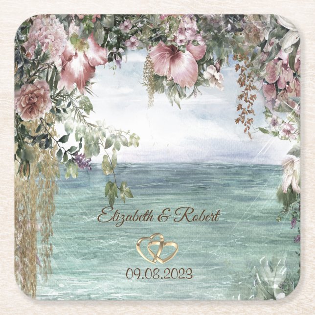 Chic Flowers Ocean  Square Paper Coaster (Front)