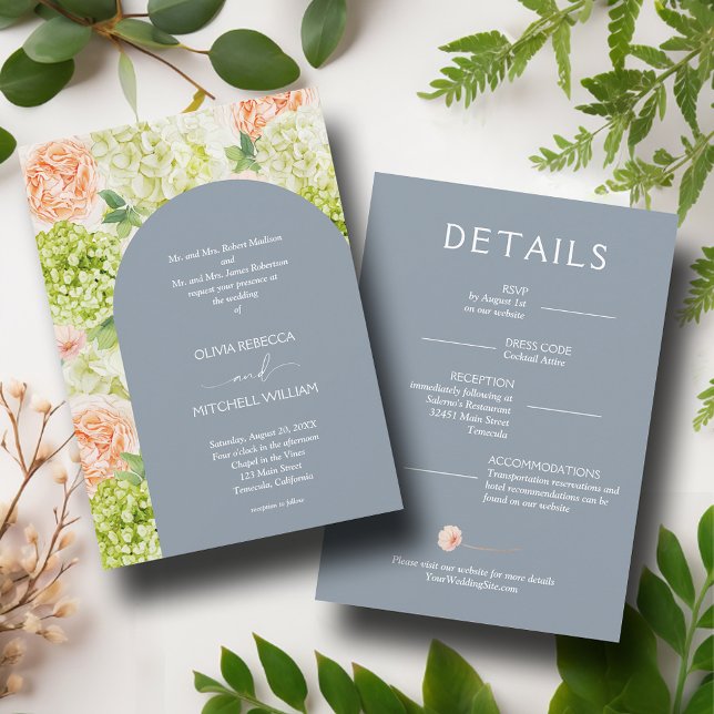 Chic Flowers on Misty Blue All-In-One-Wedding Invitation (Chic flowers on misty blue all-in-one wedding invitations - PRINTED and/or INSTANT DOWNLOAD)