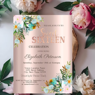 Chic Flowers Rose Gold  Sweet 16  Invitation
