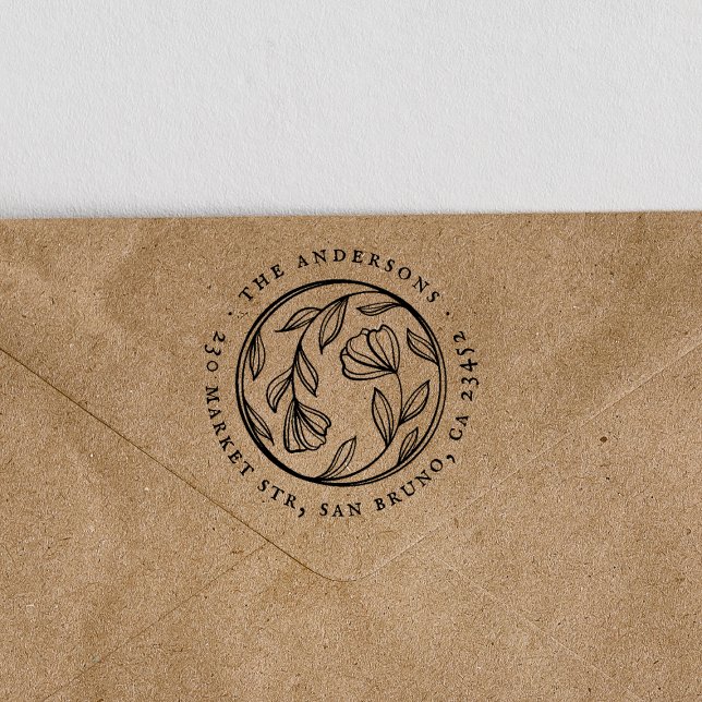 Chic Flowers Round Family Name & Return Address Rubber Stamp (Stamp Mock-up)