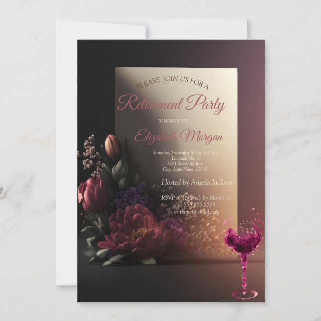 Chic Flowers,Wine Glass Retirement Part  Invitation (Front)