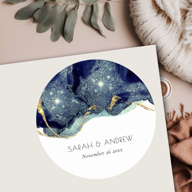 Chic Fluid Abstract Ink Gold Navy Glitter Wedding Classic Round Sticker (Creator Uploaded)