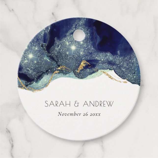 Chic Fluid Abstract Ink Gold Navy Glitter Wedding Favour Tags (Front)
