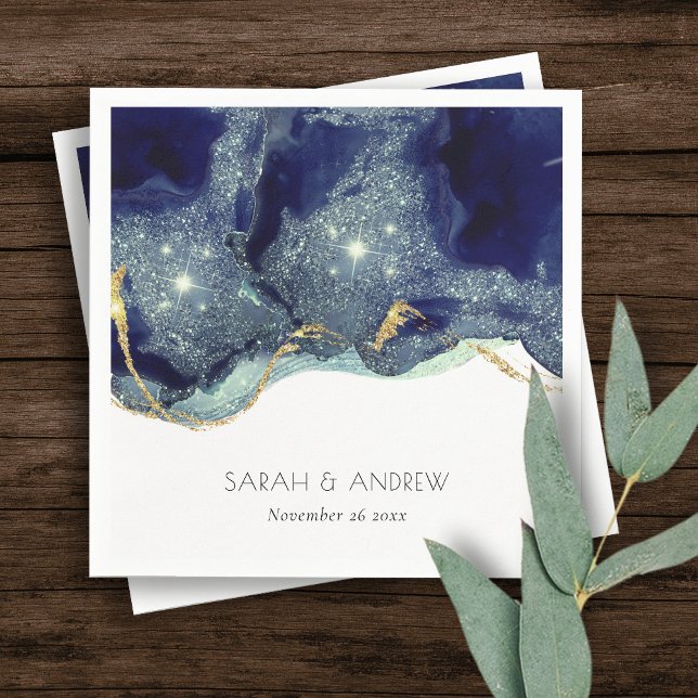 Chic Fluid Abstract Ink Gold Navy Glitter Wedding  Napkin (Creator Uploaded)