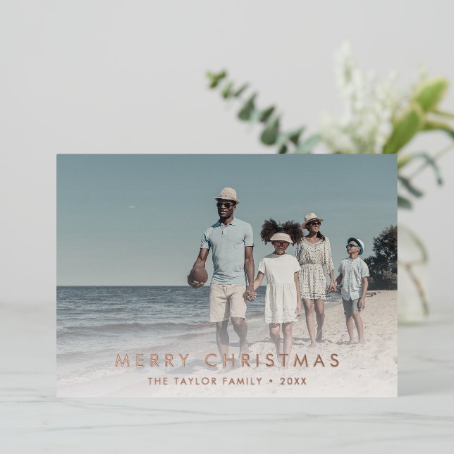 Chic Foil Merry Christmas Year In Review 2 Photo Foil Holiday Card (Standing Front)