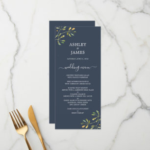 Chic Foliage Dark Blue Botanical Wedding Menu