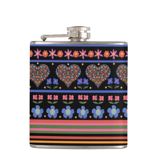 Chic Folk Art Style Border on Black: Hip Flask (Front)