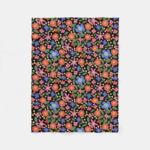 Chic Folk Art Style Floral Fleece Blanket on Black