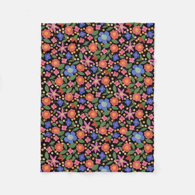 Chic Folk Art Style Floral Fleece Blanket on Black (Front)