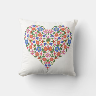 Chic Folk Art Style Floral Heart on White Throw Pillow