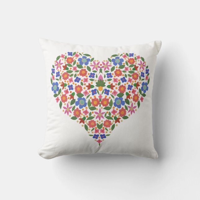 Chic Folk Art Style Floral Heart on White Throw Pillow (Front)