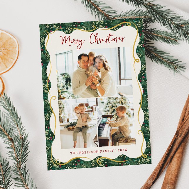 Chic Forest Green Botanical Christmas 3 Photo Holiday Card (Creator Uploaded)