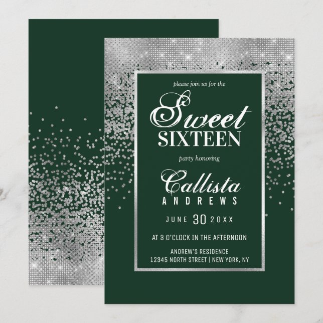 Chic Forest Green Silver Glitter Confetti Sweet 16 Invitation (Front/Back)