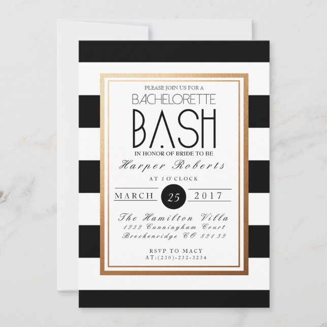 Chic & Formal Bachelorette Bash | Gold & Black Invitation (Front)