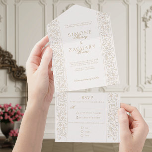 Chic Formal Ecru Scrollwork Border Wedding All In One Invitation