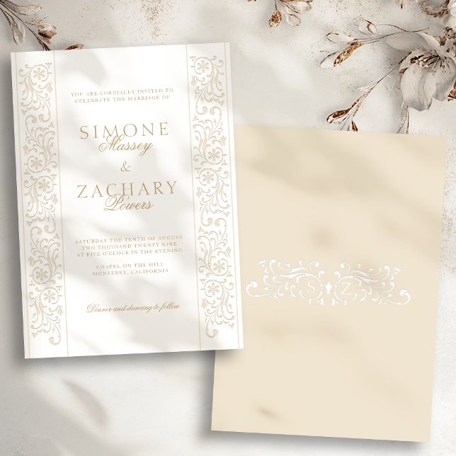 Chic Formal Ecru Scrollwork Border Wedding Invitation (Creator Uploaded)