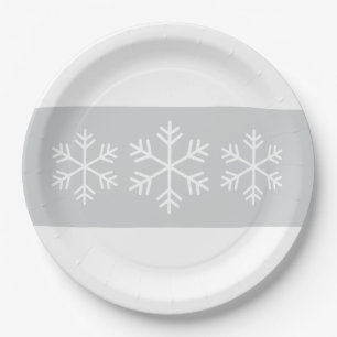 Chic Formal Light Grey White Stripes Snowflakes Paper Plate