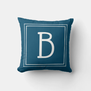 Chic Framed Monogram Initial Trendy Blue & White Throw Pillow