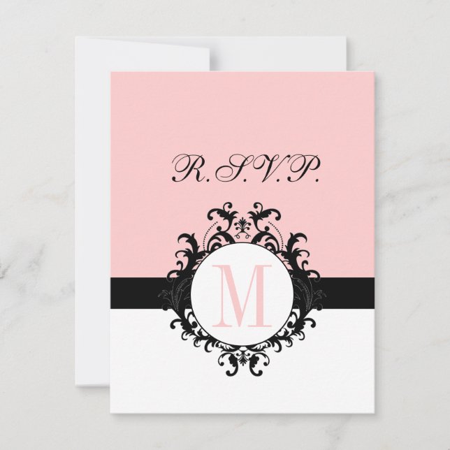 Chic Français Damask Monogramme Mariage RSVP Carte (Devant)