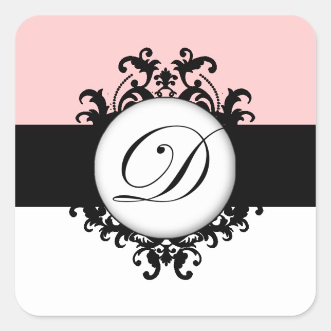 Chic French Black Monograms Damask Wedding Labels (Front)