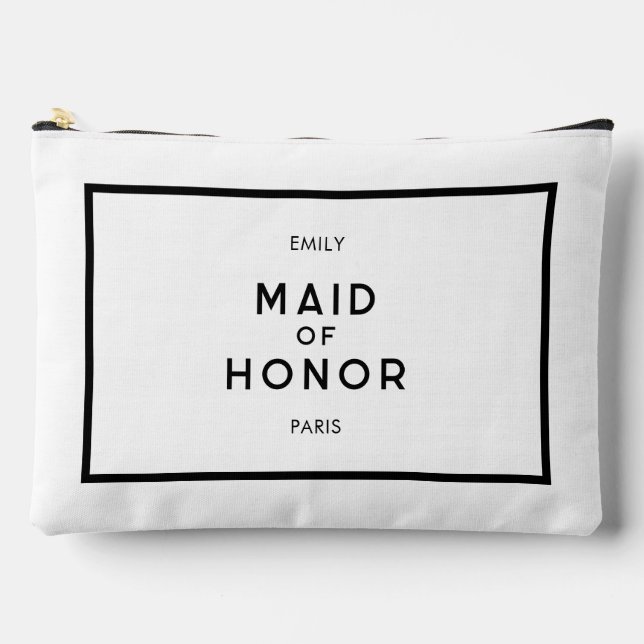 Chic French Black & White Maid of Honour Name Accessory Pouch (Front)