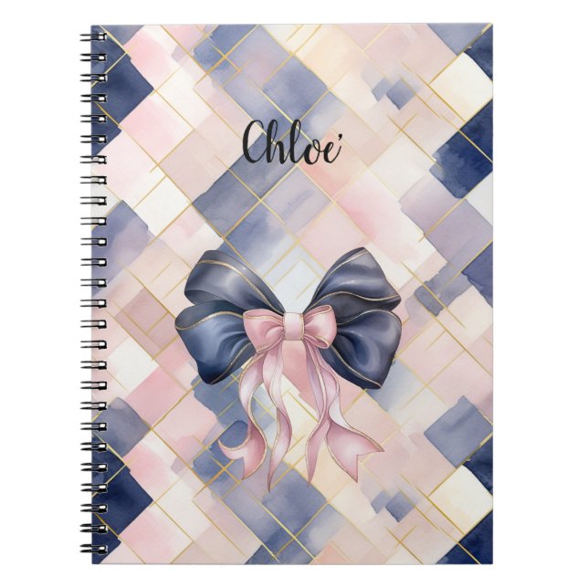 Chic French Blue Pink Bow Notebook (Front)