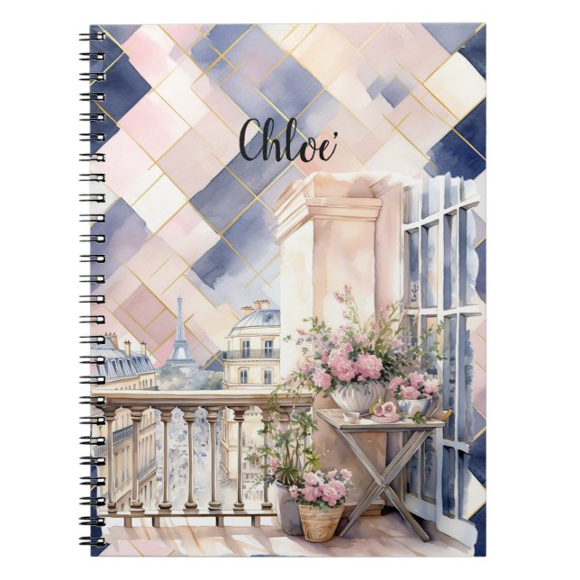 Chic French Blue Pink Paris Eiffel Tower Notebook (Front)