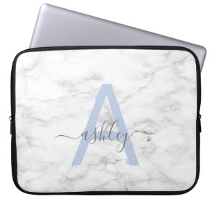 Chic French Blue White Marble Script Name Monogram Laptop Sleeve