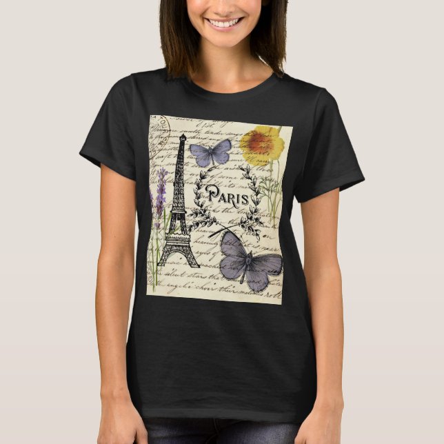 chic french butterfly scripts paris eiffel tower T-Shirt (Front)