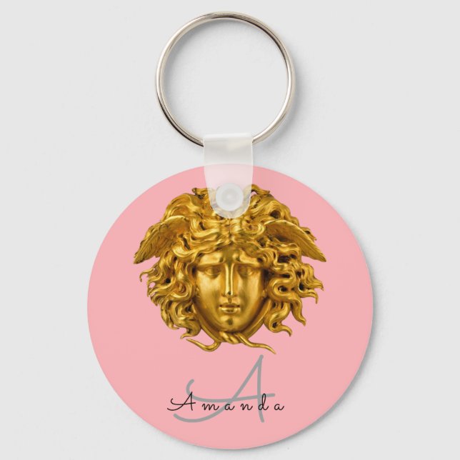Chic French Gold Medusa Mask Blush Pink Keychain (Front)